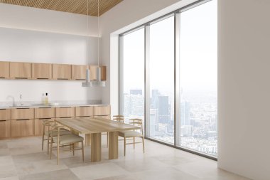 Beyaz duvarları, döşemeleri, ahşap dolapları ve sandalyeli yemek masası olan şık bir mutfağın köşesi. Bulanık şehir manzaralı panoramik pencere. 3d oluşturma