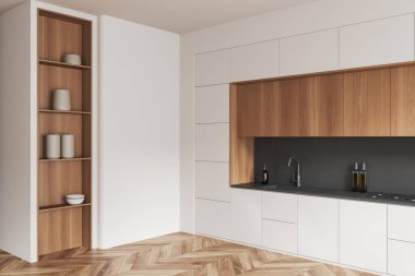 Beyaz duvarları, ahşap zemini, lavabosu, ocağı ve dolabı solunda olan ahşap ve beyaz dolapları olan modern mutfağın içi. 3d oluşturma