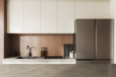 Minimalist mutfak, buzdolabı, mutfak ve mutfak malzemelerinin arka planında taş gibi boş bir tezgah var. Ürün görüntüleme için kopyalama alanı. 3B görüntüleme