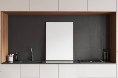 Modern mutfakta gri ve ahşap duvarları olan lavabo ve fırının içine monte edilmiş beyaz mutfak dolabının üzerinde dikey maket posteri. 3d oluşturma