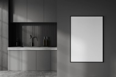 Lavabo ve raflarla dolu karanlık bir mutfak, gri beton zemin. Dairesinde mutfak gereçleri olan modern minimalist yemek alanı. Bölümdeki tuval posterini taklit et. 3B görüntüleme