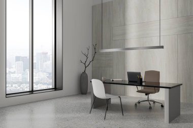 Çalışma masasında dizüstü bilgisayarı olan modern danışmanlık bürosu, yan görüş gri beton zemin. Panoramik pencerenin yanında aletleri ve sandalyeleri olan CEO köşesi. 3B görüntüleme