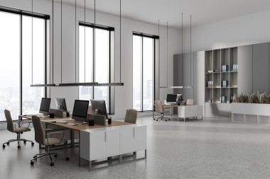 Beyaz ofis içi, masa başında bilgisayar, yan görüş çalışma salonu ve modern mobilyalar. Paris gökdelenlerinde dokümanları ve panoramik penceresi olan raflar. 3B görüntüleme
