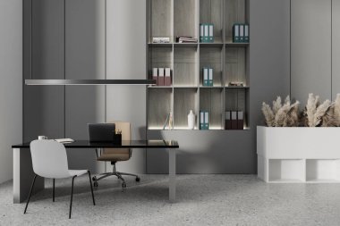 Modern CEO ofis içi. Masasında dizüstü bilgisayar, gri beton zemin. Raflı, iş belgeli ve dekorasyonlu danışmanlık işyeri. 3B görüntüleme