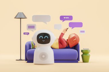 3D görüntüleme. Kanepede telefonu olan çizgi film karakteri kadın, metin balonuyla gülümseyen robot. Yapay zeka, insanların fikir üretmesine yardımcı oluyor. Sohbet robotu ve yapay zeka çizimi kavramı