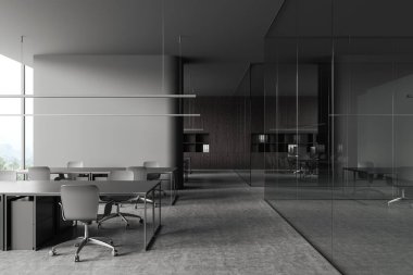 Ofis içi karanlık, çalışma odası ve konferans odası cam kapılar ardında. Masası ve sandalyeleri olan modern iş yeri, kırsal kesimde panoramik pencere. 3B görüntüleme