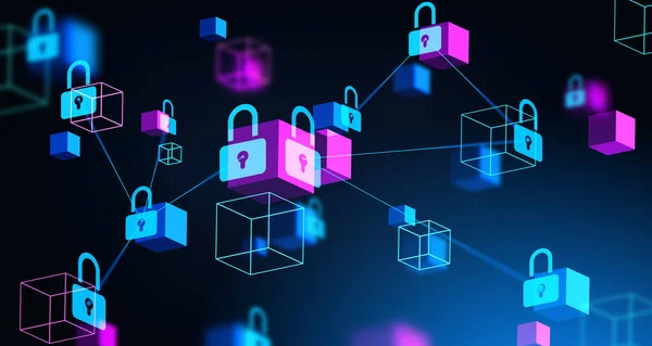Glowing padlock icon with data blocks and global connection. Blockchain and cybersecurity in digital world, decentralization and internet privacy. 3D rendering