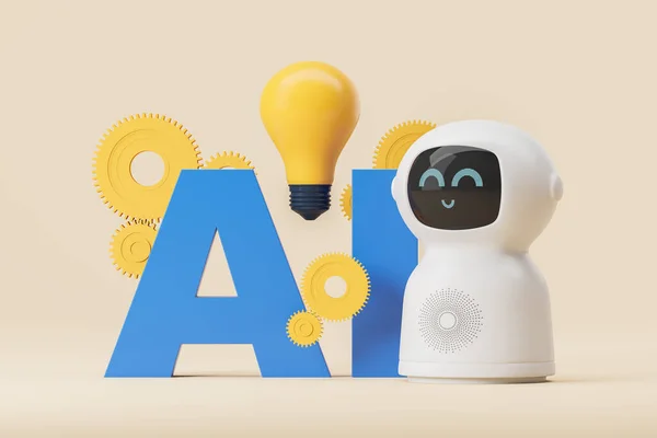 3d rendering. Cartoon chat bot smiling, lightbulb and gears on beige background. Artificial intelligence helping human to generate ideas. Concept of AI and new start up illustration
