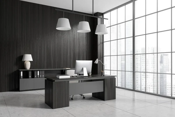 Modernes Ceo Interieur Mit Schreibtisch Seitenansicht Grauer Fliesenboden Aus Beton — Stockfoto