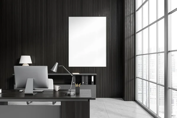 Donker Modern Interieur Met Bureau Panoramisch Raam Wolkenkrabbers Sideboard Met — Stockfoto