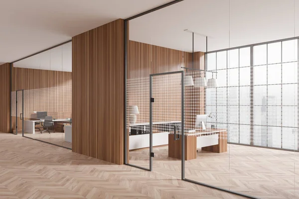 異なる部屋と近代的な家具 ガラスのドアや堅木の床と木製のビジネスインテリアオフィス会社のホール 高層ビルのパノラマの窓 3Dレンダリング — ストック写真