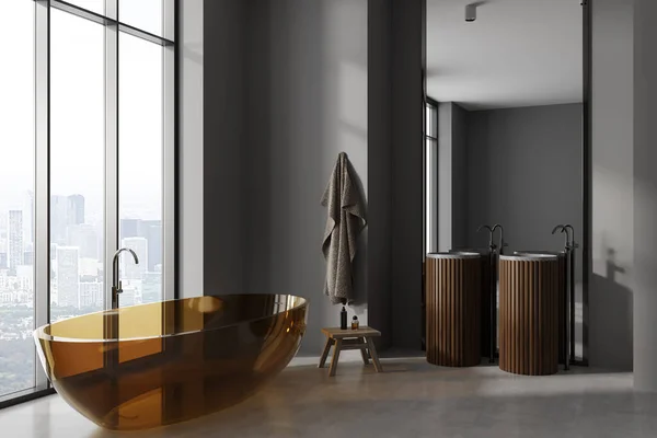 Interior Stylish Bathroom Gray Walls Concrete Floor Cozy Transparent Bathtub — Stock Photo, Image