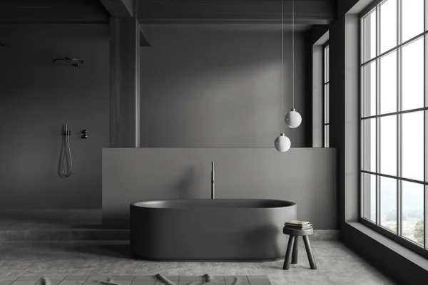 黑暗浴室内部与浴缸和淋浴与讲台 凳子与毛巾和隔板 全景窗户在农村 灰色混凝土地面 3D渲染 — 图库照片