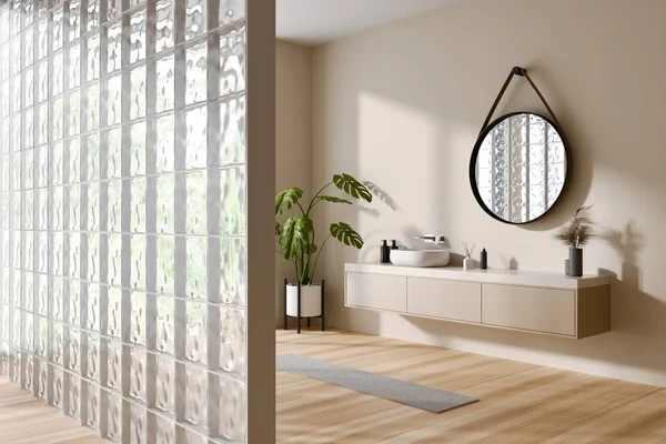 Interior Moderno Baño Beige Con Lavabo Espejo Redondo Vista Lateral —  Fotos de Stock