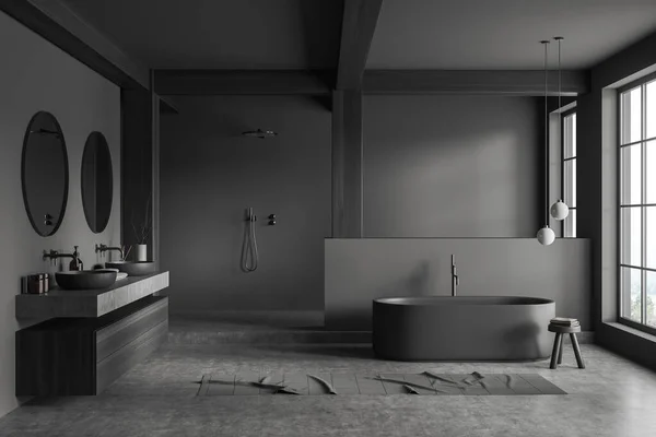 グレーと木製の壁 コンクリートの床 居心地の良いグレーのバスタブ 鏡付きの2つのラウンドシンクとシャワーで歩くスタイリッシュなバスルームのインテリア 3Dレンダリング — ストック写真