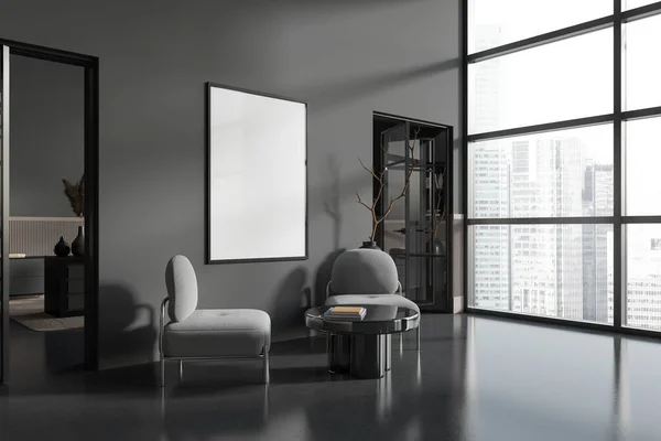 Interior Stylish Living Room Gray Walls Concrete Floor Two Cozy — Stock Photo, Image