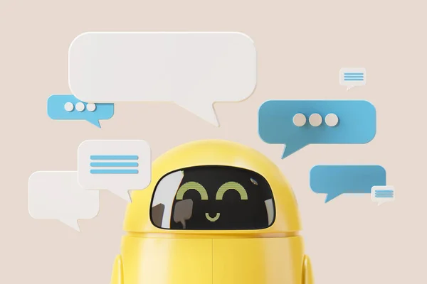 3D渲染 笑笑聊天机器人 模拟空洞的泡沫 短信与答案 人工智能帮助人类产生思想和创造 人工智能的概念和通信说明 — 图库照片
