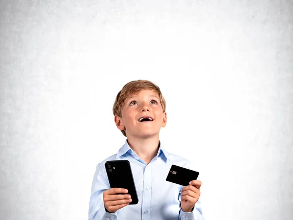 Dreaming School Boy Phone Credit Card Hands Looking Happy Portrait — Stock Photo, Image