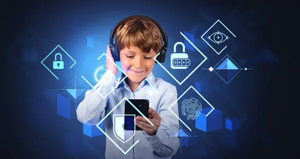 戴耳机的孩子在用电话 生物测定扫描大孔全息图 眼睛跟踪 锁保护盾和统计 网上安全和父母控制的概念 — 图库照片