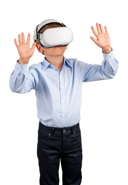 Boy Portrait Wearing Glasses Headset Hands Touching Something Isolated White — Stock Photo, Image