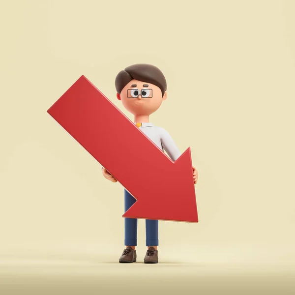 Απόδοση Cartoon Χαρακτήρα Επιχειρηματίας Στέκεται Μεγάλο Κόκκινο Βέλος Πτώση Της — Φωτογραφία Αρχείου