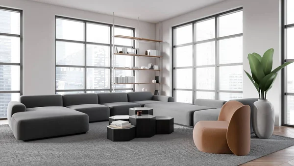 Interior Ruang Tamu Modern Dengan Dinding Putih Lantai Kayu Dua — Stok Foto