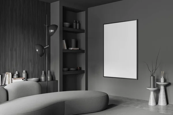 Dark Living Room Interior Sofa Side View Shelf Stylish Art — Stock Photo, Image