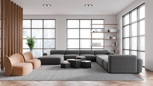 现代客厅的内部有白色的墙壁 木制的地板 舒适的灰色沙发和两个棕色扶手椅 六角形咖啡桌和窗户与模糊的城市景观 3D渲染 — 图库照片