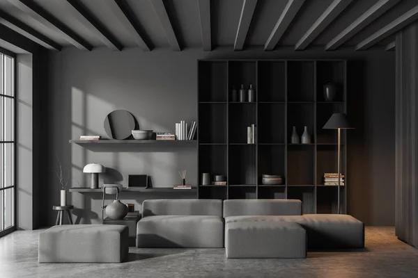 Interior Stylish Home Office Living Room Gray Walls Concrete Floor — Stock Photo, Image