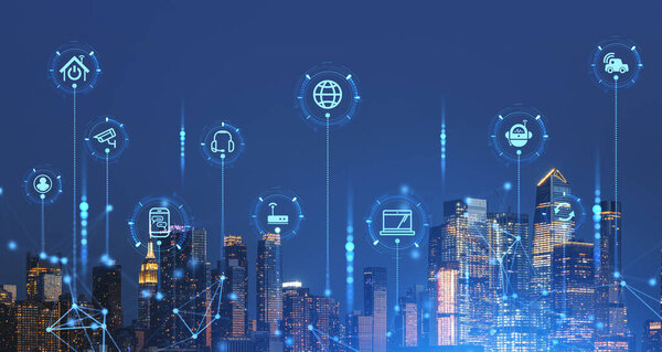 Великолепный ночной Нью-Йорк с двойной экспозицией размытого иммерсивного интерфейса Интернета вещей. Концепция высоких технологий и автоматизации
