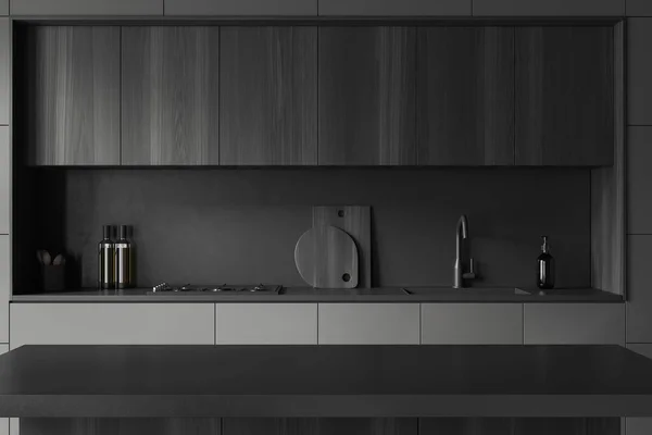 Dark Kitchen Interior Stone Bar Island Sink Stove Modern Kitchenware — Stock Photo, Image