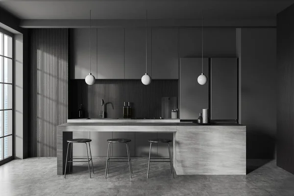 Dark home kitchen interior with bar island, fridge and shelves with kitchenware. Modern cooking and dining area with panoramic window on skyscrapers. 3D rendering