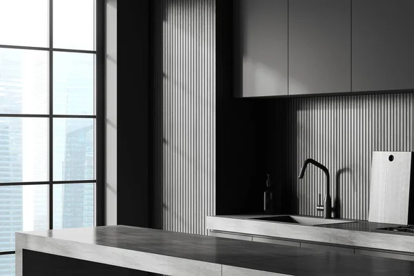 Interior Stylish Kitchen Gray Dark Wooden Walls Gray Cabinets Built — Stock Photo, Image
