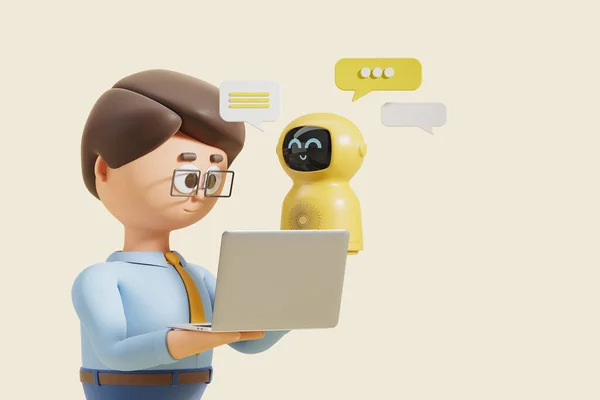 Rendering Pria Karakter Kartun Dengan Laptop Robot Tersenyum Dengan Gelembung — Stok Foto