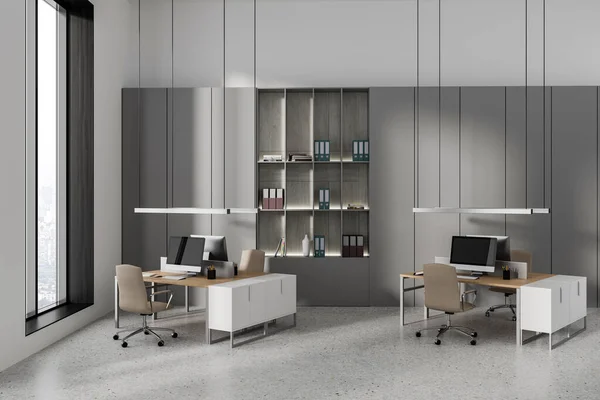 Stilvolles Bürointerieur Mit Sesseln Und Auf Dem Schreibtisch Regal Mit — Stockfoto