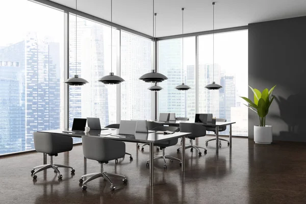 Corner of modern open space office with gray walls, brown floor, computer tables with laptops and panoramic window with blurry cityscape. 3d rendering