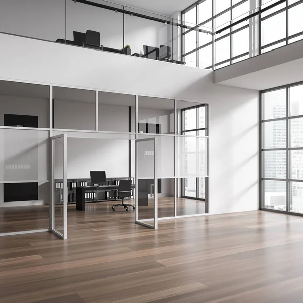 Interior Modern Office Lobby White Glass Walls Wooden Floor Ceo — Stock Photo, Image