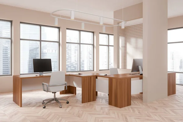 Beige office interior with armchairs and pc computer, side view hardwood floor. Coworking corner with desk and panoramic window on skyscrapers. 3D rendering