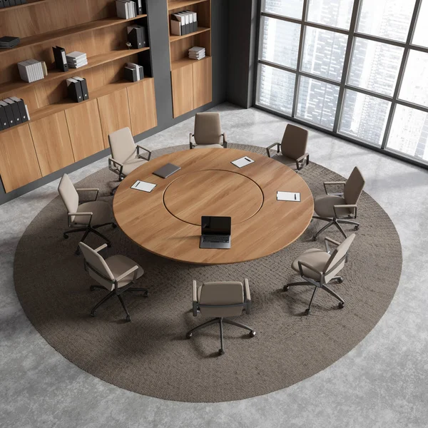 Top View Office Interior Meeting Table Armchairs Laptop Carpet Grey — Stock Photo, Image