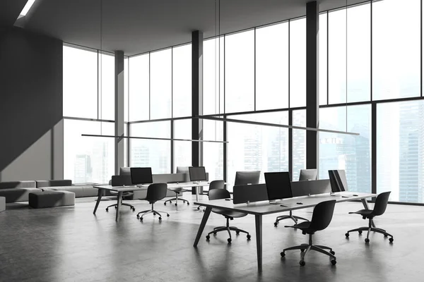 Interior Stylish Open Space Office Gray Walls Concrete Floor Row — Stock Photo, Image