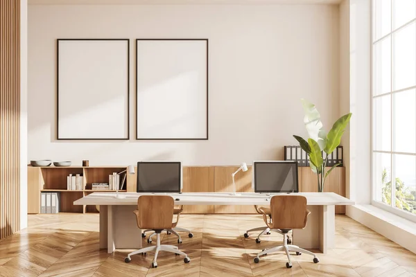 Beige Workplace Interior Armchairs Shared Desk Computers Wooden Sideboard Documents — Stock Photo, Image