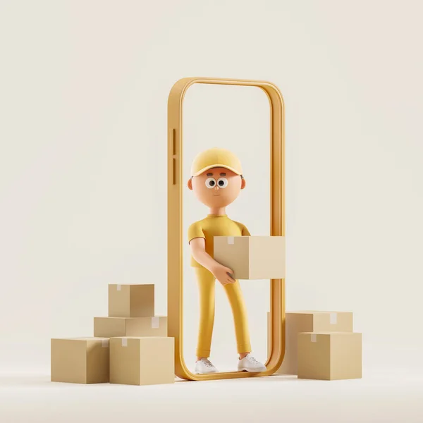 Muž Kurýr Krabicí Žluté Uniformě Vstupuje Přes Obrazovku Smartphonu Koncepce — Stock fotografie