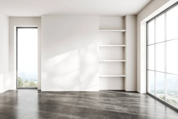 Interior Blanco Sala Estar Vacía Con Estante Minimalista Piso Hormigón — Foto de Stock
