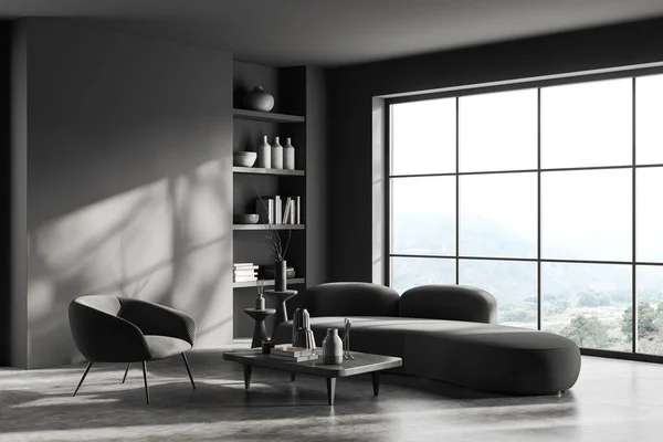 소파와 사이드 현대식 책으로 장식을 코너에 파노라마 렌더링 — 스톡 사진