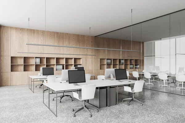 Moderno Ufficio Interno Con Coworking Sala Riunioni Dietro Porte Vetro — Foto Stock