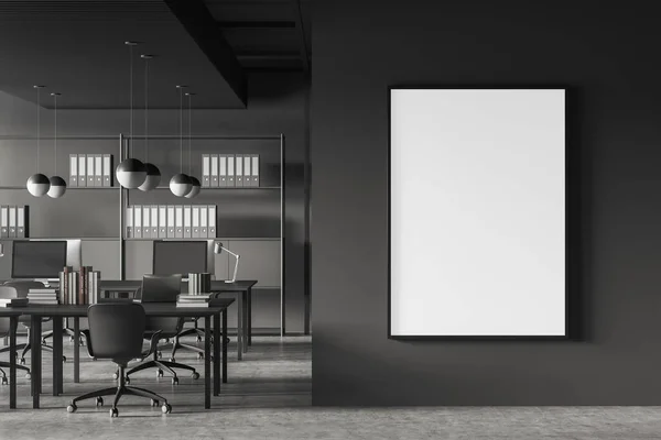 Dark Business Interior Shared Desk Computer Coworking Area Modern Furniture — Stock Photo, Image