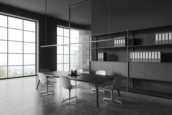 Graue Büroeinrichtung Mit Sesseln Und Besprechungstisch Seitenansicht Grauer Betonboden Konferenzecke — Stockfoto