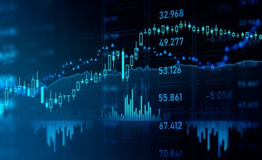 Rakamlarla parlayan eski hologram ve şamdanlarla dolu bar çizelgesi, borsa dinamikleri. Ekonomi ve çevrimiçi ticaret kavramı. 3B görüntüleme