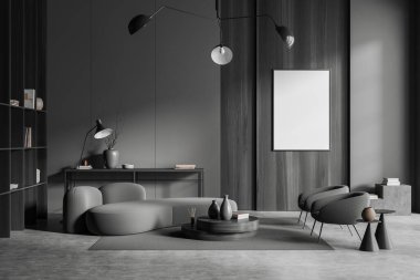 Karanlık oturma odası iç koltuğu, iki koltuk ve kitap ve sanat dekorasyonlu raf, gri beton zeminde halı. Boş bir poster hazırla. 3B görüntüleme