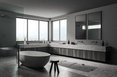 Gri beton zeminde küveti olan koyu renk bir banyo. Ayna, duş ve aksesuarlı çift lavabo, yan görüş. Kırsal kesimde panoramik pencere. 3B görüntüleme